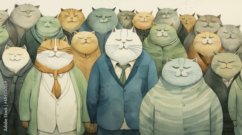 whimsical march of 100 fat cats, cartoon, in sage green, sea breeze blue,  photo