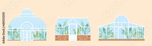 Greenhouse garden set. Plants indoor at day and night. Care about plants. Botany and floristry, gardening. Glasses buildings for sprouts. Cartoon flat vector collection isolated on beige background