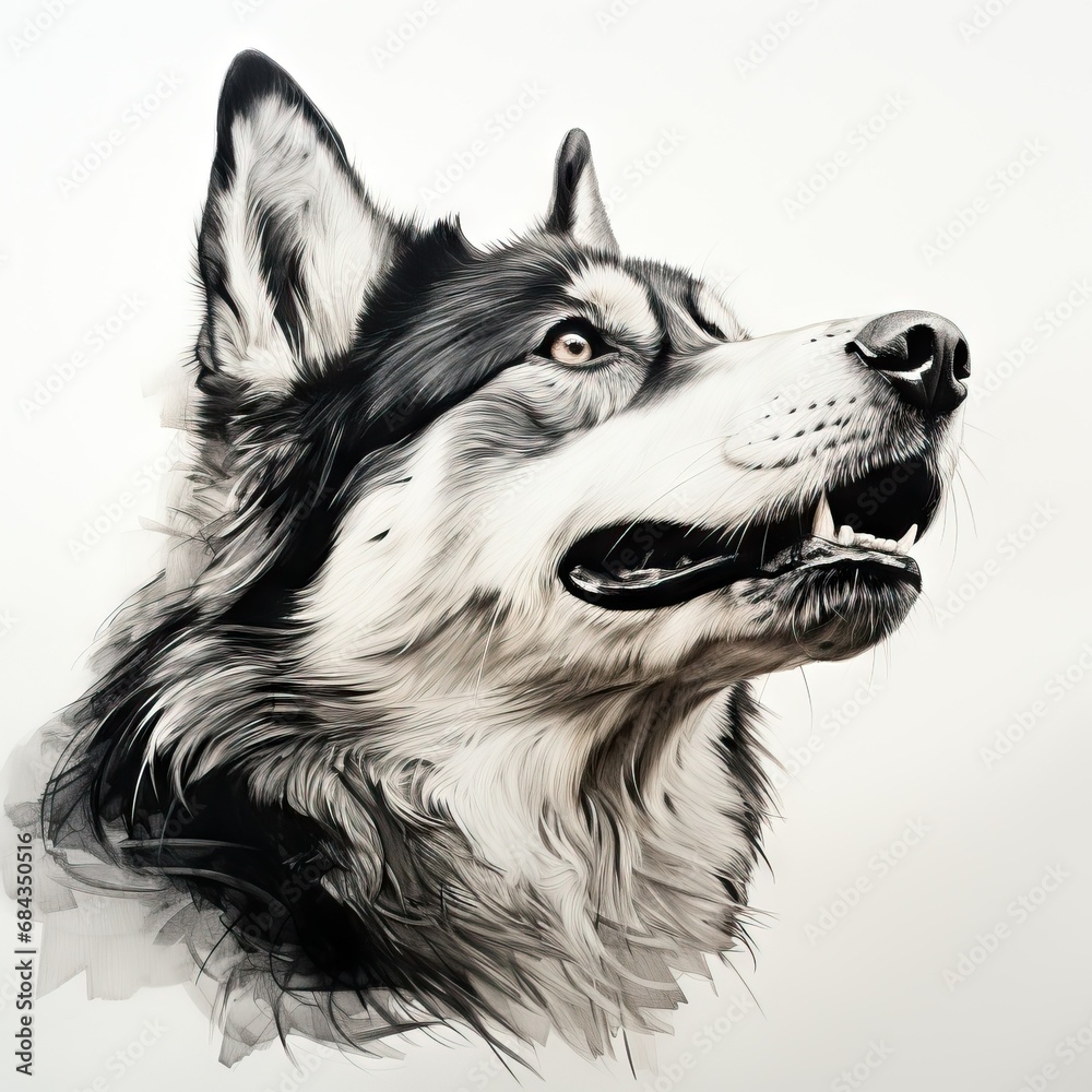 minimalist one-line pen drawing on white background of a siberian husky looking up minimalist one-line pen drawing on white background of a siberian husky looking up