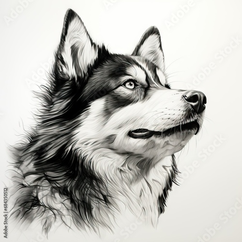 minimalist one-line pen drawing on white background of a siberian husky looking up, 