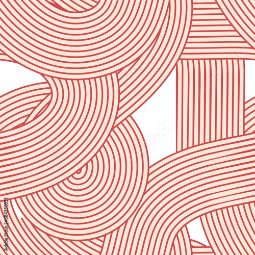 Noodle ramen seamless pattern. Repeated background with light red waves lines.