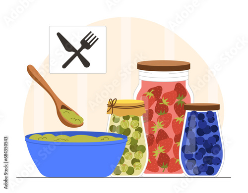 Homemade jam in jars concept. Pickled fruits and vegetables. Caned food and eating. Strawberry and blueberry with juice. Cartoon flat vector illustration isolated on white background.