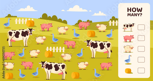 How many game template. Farming and agriculture with cows and pigs, sheeps. Educational material for children. Development counting skills for kids. Cartoon flat vector illustration photo