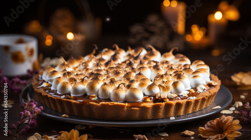 Sweet potato meringue pie with a golden-brown finish, a vegan confection. A beautiful and delicious dessert for festive occasions. © Liana