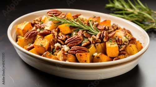 Vegan sweet potato cubes seasoned with rosemary in a white bowl. Fresh, organic ingredients for a wholesome plant-based meal.