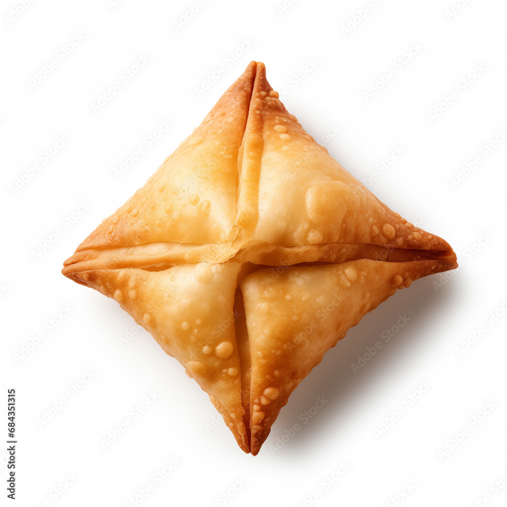 An authentic samosa pastry top view isolated on white background 