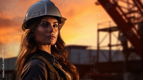 beautiful woman civil engineer close up portrait in front of a sunset background © Nijat