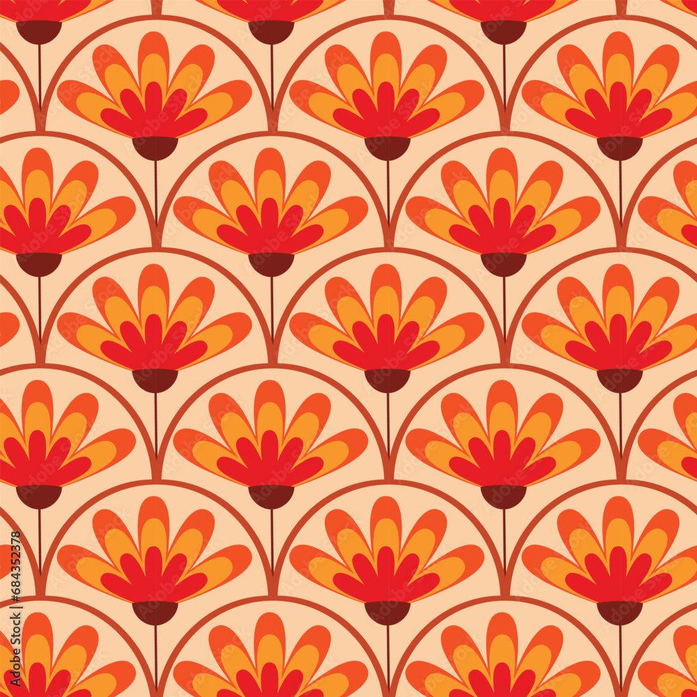 Retro Vintage abstract flowers on geometric scales seamless pattern in orange, amber and red. For fabric, wallpaper and textile. 