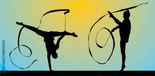 silueta, deporte, ilustración, vector, baile, mujer, acrobacia, liston