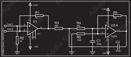 Schematic diagram of electronic device.
Vector drawing electrical circuit with operational amplifier, 
resistor, capacitor, conductors
and other electronic components.