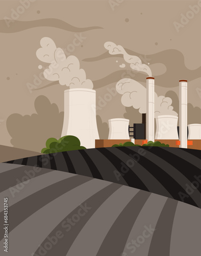 Factories dirty Earth poster. Carbon pollution from plants. Dirt from industrial factory. Graphic element for website. Care about ecology and nature. Cartoon flat vector illustration