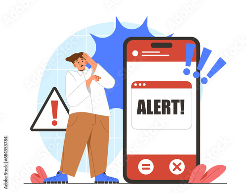 Scam alert notification concept. Man near smartphone with red notice and announcement. Hackers attack at users mobile phone or email. Cartoon flat vector illustration isolated on white background