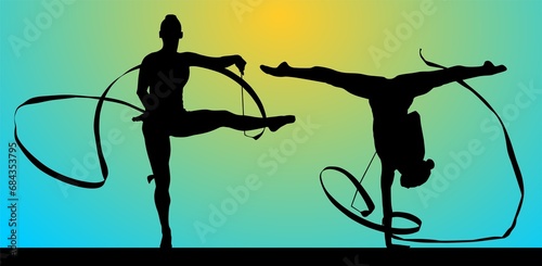 Obraz na plátne silueta, deporte, ilustración, vector, baile, mujer, acrobacia, liston