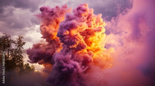Explosive smoke rising into the sky, emitting colored light-