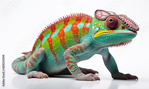 A colorful chameleon sits on a white background.