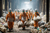 Workers in protective uniforms and masks remove accumulated garbage and take out garbage in large bags.