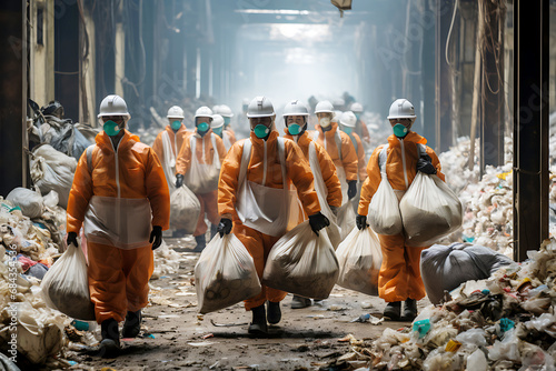 Workers in protective uniforms and masks remove accumulated garbage and take out garbage in large bags. photo