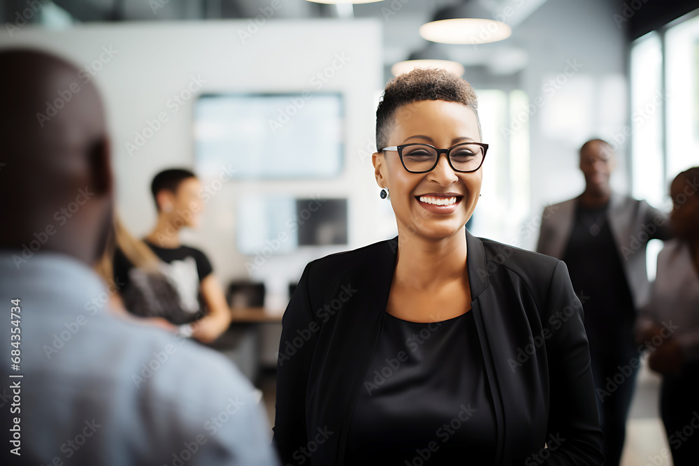 Middle aged African American woman in black suit and glasses smiling and talking to office colleague Middle aged African American woman in black suit and glasses smiling and talking to office colleague