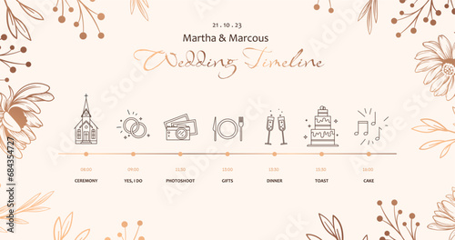 Wedding timeline template. Organization of event and holiday. Marriage ceremony timetable. Photoshoot, dinner, gifts, toast and cake. Aesthetics and elegance. Linear flat vector illustration photo
