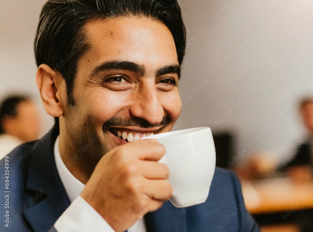 Brunette elegant professional businessman take coffee break at office, wearing suit, face closeup, successful executive relax concept Brunette elegant professional businessman take coffee break at office, wearing suit, face closeup, successful executive relax concept