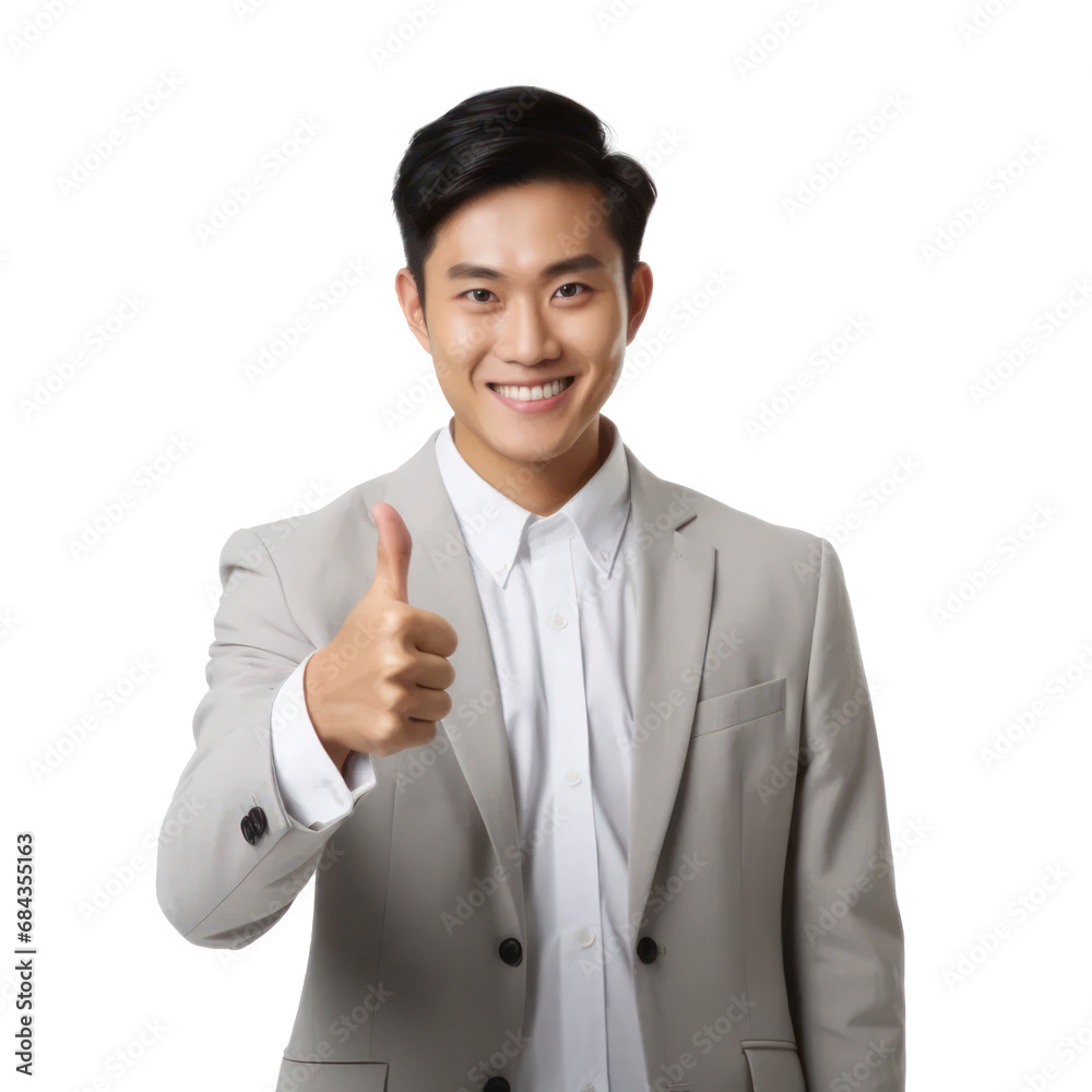 an Asian businessman giving a thumbs up, isolated on a transparent background, PNG banner , Post-processed generative AI an Asian businessman giving a thumbs up, isolated on a transparent background, PNG banner , Post-processed generative AI