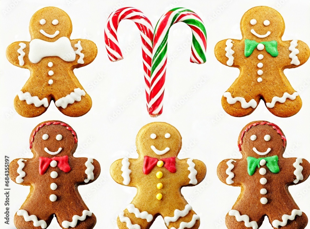 Ginger cookies, candy canes, and Christmas cookies isolated on white background. Xmas Holiday Elements for Graphic Design Ginger cookies, candy canes, and Christmas cookies isolated on white background. Xmas Holiday Elements for Graphic Design