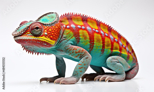 A colorful chameleon sits on a white background.