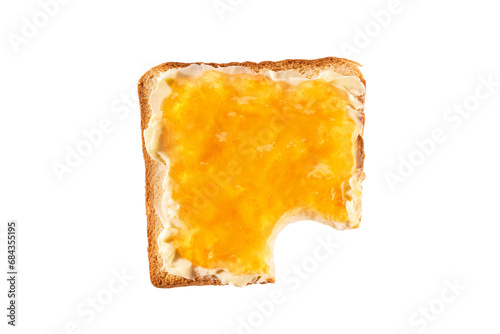 Take a bite toasted bread with orange jam, isolated on a white. Top view . Bitten toast with orange jam on white background. photo