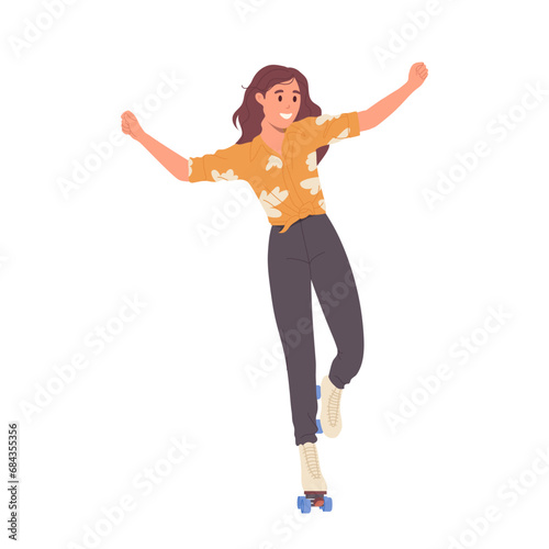 Young happy teenager woman cartoon character roller skating enjoying summer extreme sport