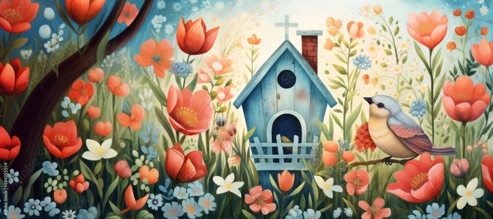 Illustration of a Bird House Springtime Birds with Spring Flowers