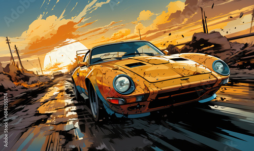 Racing car in graphic novel and comic style.