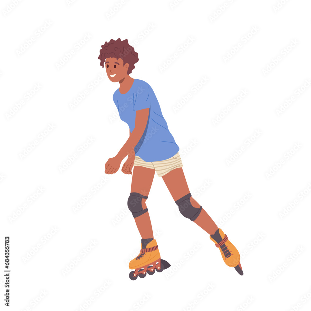 Woman cartoon character rollerblading wearing casual clothing, safety shoes and protective knee pads
