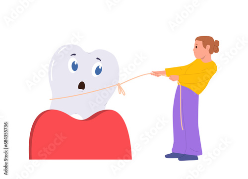 Girl child cartoon character pulling out loosing milk baby tooth with floss vector illustration