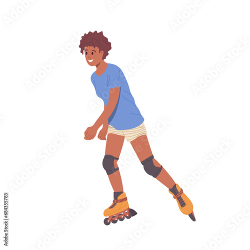Woman cartoon character rollerblading wearing casual clothing, safety shoes and protective knee pads