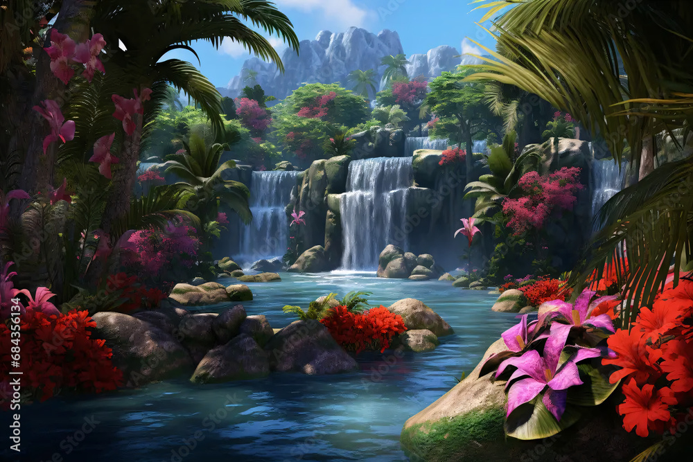 tropical garden with flowers, generative ai