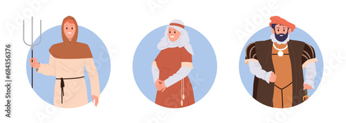 Isolated round composition set with medieval people cartoon character wearing traditional costume
