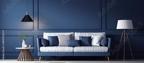 Contemporary living room with dark blue and white wall panels incorporating various home objects such as sofa and lamp.