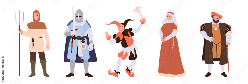 Medieval historical people cartoon characters wearing national clothes regarding their social status Medieval historical people cartoon characters wearing national clothes regarding their social status