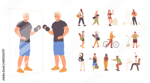 Sport people big set with athlete and sportsman, fitness woman and obese people of different age