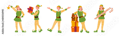 Funny playful Christmas elves cartoon characters, cute Santa Claus helpers personage isolated set