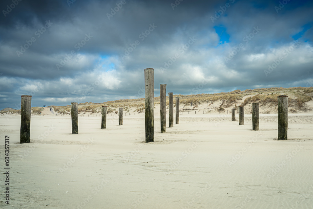 Land art monument on the beach near the village Petten (Netherlands)