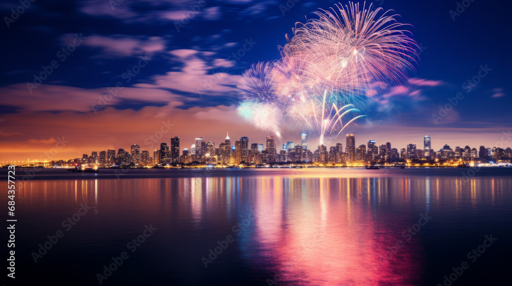 Fireworks Display over City Skyline at Night