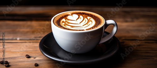 Cappuccino with latte art  served in a black cup with sugar on a wooden table.