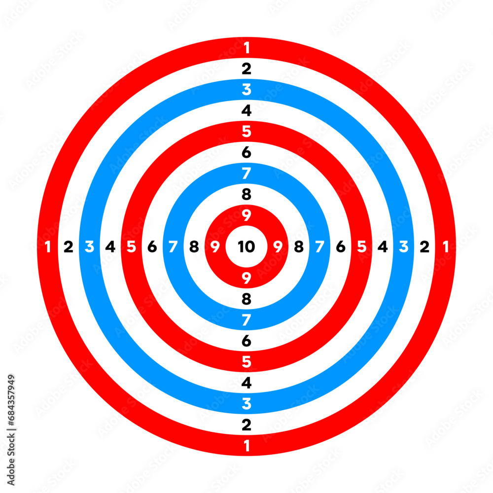 Shooting range paper target with divisions, marks and numbers. Archery, gun shooting practise and training, sport competition and hunting. Bullseye and aim. Vector illustration Shooting range paper target with divisions, marks and numbers. Archery, gun shooting practise and training, sport competition and hunting. Bullseye and aim. Vector illustration