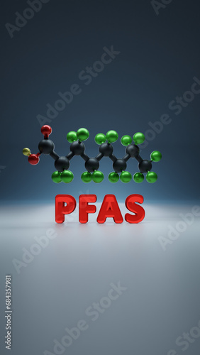PFAS Per- and poly-fluoroalkyl substances - 3D molecule conformer. Vertical 3D Illustration