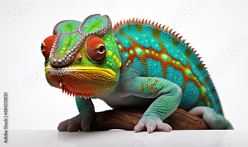A colorful chameleon sits on a white background.