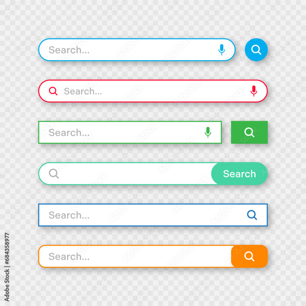 Colorful search bar templates. Internet browser engine with search box, address bar and text field. UI design, website interface element with web icons and push button. Vector illustration Colorful search bar templates. Internet browser engine with search box, address bar and text field. UI design, website interface element with web icons and push button. Vector illustration