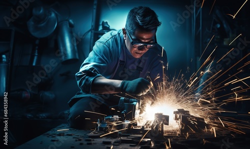 welder is welding metal in dark room , industry them bokeh and sparkle background, Generative Ai photo