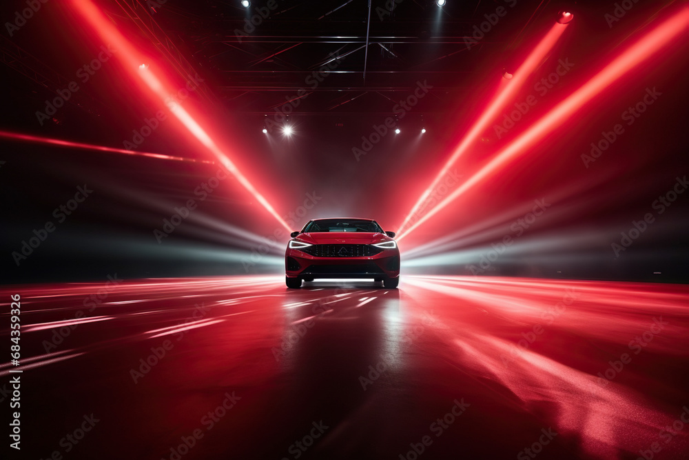 Speedy car in a tunnel with bright red light and spotlight. The latest high-speed technologies.