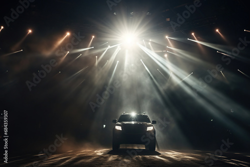 Burning car headlights in the dark in the rays of spotlights.